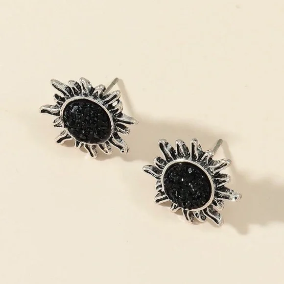 Any 2/$20! Silver Black Druzy Sun Stud Earrings - Picture 3 of 6